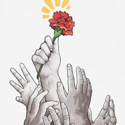 Desenho de mãos levantadas segurando flor vermelha com raios amarelos