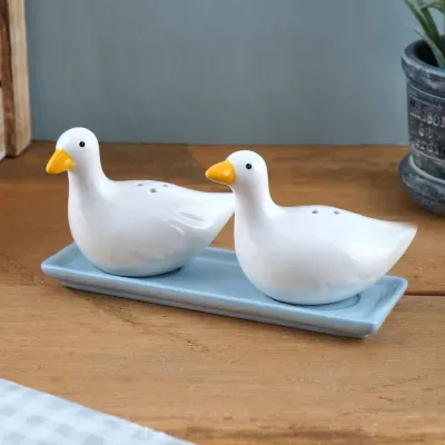 Saleiro e pimenteiro em cerâmica em forma de patos sobre base azul