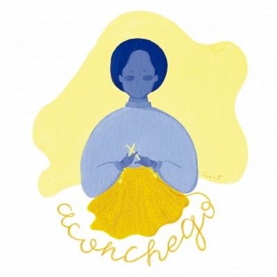 Ilustração de pessoa a tricotar com fios amarelos e camisola azul
