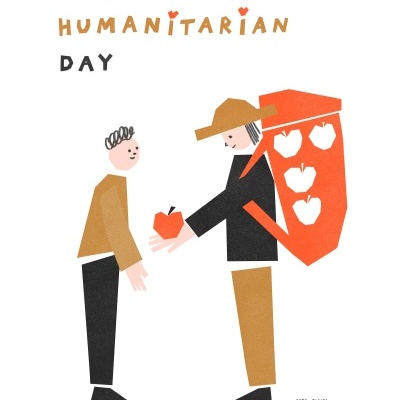 Ilustração de duas pessoas, uma oferecendo uma maçã à outra, com texto 'WORLD HUMANITARIAN DAY'.