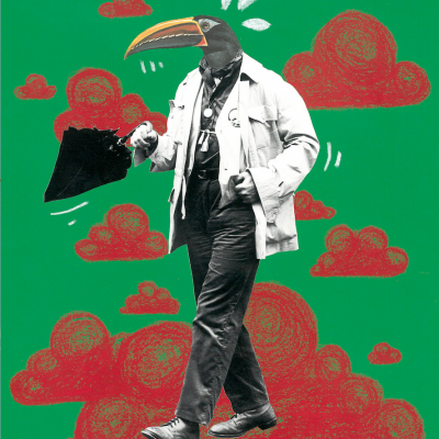 Figura com corpo humano e cabeça de tucano vestindo casaco branco, calças pretas e segurando guarda-chuva num fundo verde com nuvens vermelhas.