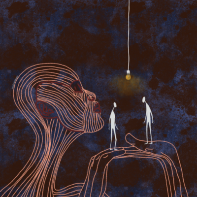 Ilustração de figura humana com linhas cor de laranja segurando duas pequenas figuras brancas iluminadas por uma lâmpada amarela