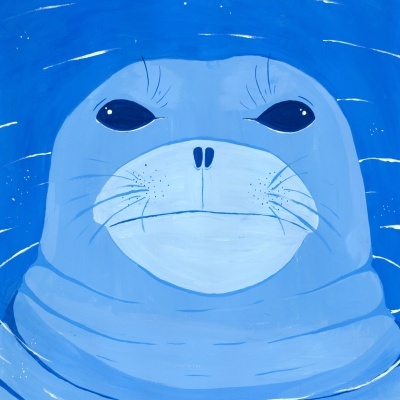 Ilustração de um leão-marinho azul sobre fundo de água azul.