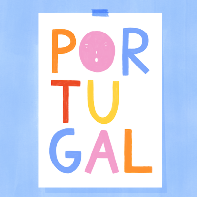 Pôster colorido com a palavra PORTUGAL e um rosto estilizado na letra O, fundo azul claro