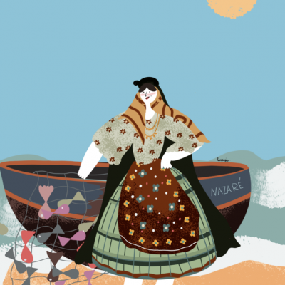 Mulher com vestido tradicional e barco de pesca na praia sob sol