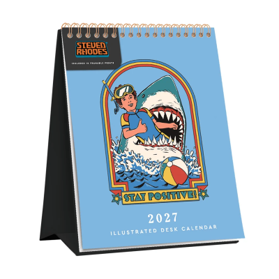 Calendário de secretária 2027 ilustrado com menino e tubarão, frase Stay Positive