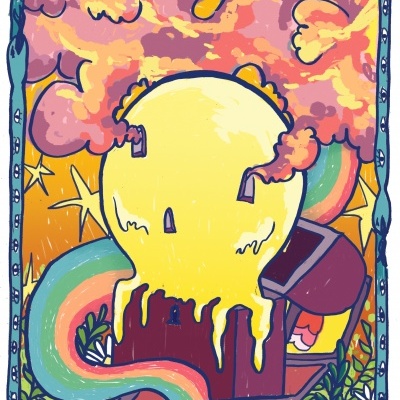 Ilustração colorida de uma caveira amarela derretida com arco-íris e caixa com corações