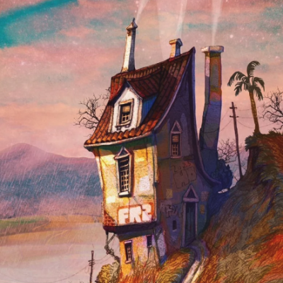 Casa de campo surrealista inclinada numa paisagem montanhosa com grafite 'FR2' na parede