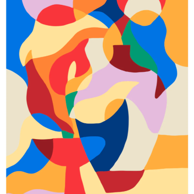 Pôster abstrato colorido com formas geométricas sobrepostas e assinatura no canto inferior direito