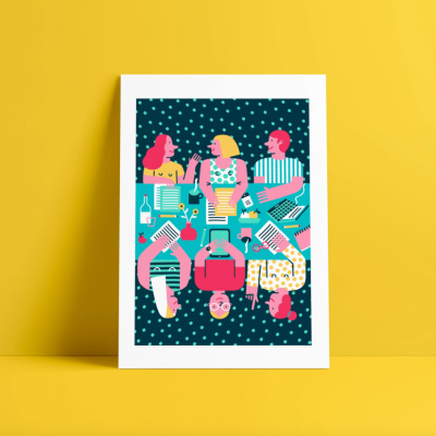 Ilustração colorida de cinco pessoas sentadas em círculo sobre fundo azul com pontos brancos