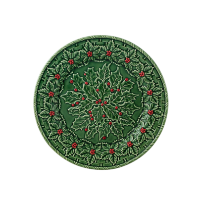 Prato cerâmico verde com decoração de folhas e bagas vermelhas