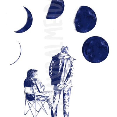 Desenho a tinta azul de duas pessoas e formas geométricas semelhantes a fases da lua
