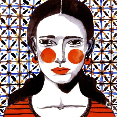 Ilustração de rosto feminino com blusa vermelha e padrão geométrico ao fundo