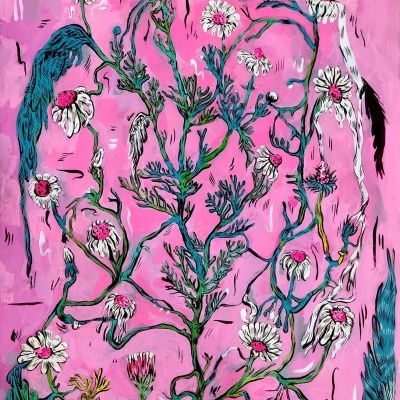 Ilustração rosa de flores brancas e folhas verdes