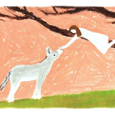 Ilustração com cavalo branco, pato em ramo e fundo laranja