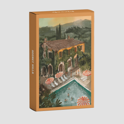 Embalagem castanha com ilustração de vivenda e piscina