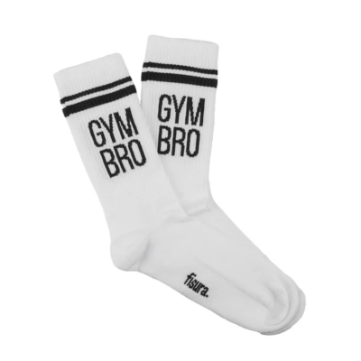 Meias brancas com texto preto GYM BRO e riscas pretas no topo