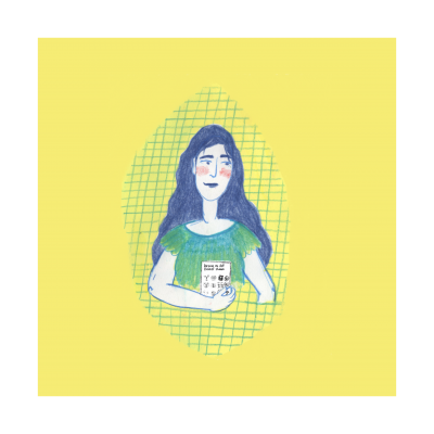 Desenho de mulher com caixa de pão em fundo amarelo