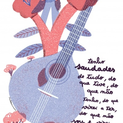 Ilustração de violão com flores e texto em português em tom artístico