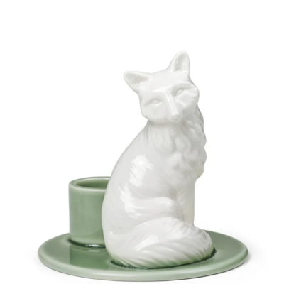Castiçal em cerâmica com base verde e raposa branca decorativa