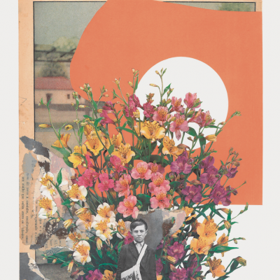 Colagem artística com flores coloridas sobreposta a uma página de jornal antiga com título MANI DI FATA e figura em preto e branco de homem com cartaz.