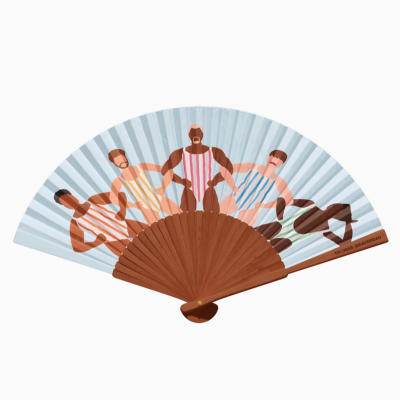 Leque com ilustração de homens em fatos de banho às riscas