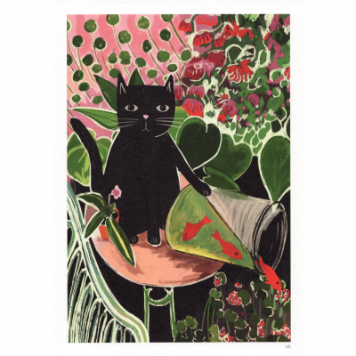 Ilustração de gato preto com balde de peixes e plantas coloridas