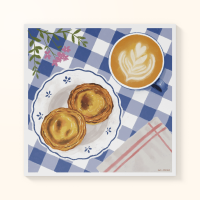 Ilustração de pastel de nata e café sobre toalha xadrez azul e branca