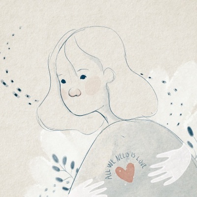 Ilustração de pessoa com roupa cinza clara, coração rosa e frase 'ALL WE NEED IS LOVE'