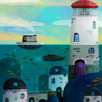 Ilustração colorida de farol, casas submersas, barco e peixe no mar com céu azul.