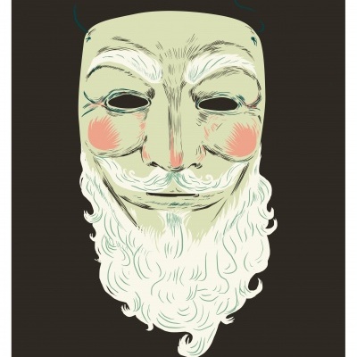 Máscara de rosto estilizada com barba branca e bochechas rosadas, texto Merry Christmas no fundo preto