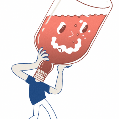 Desenho de pessoa a segurar uma grande garrafa com líquido vermelho e rosto sorridente