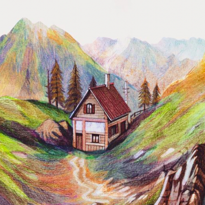 Desenho colorido de casa numa paisagem montanhosa com árvores e caminho