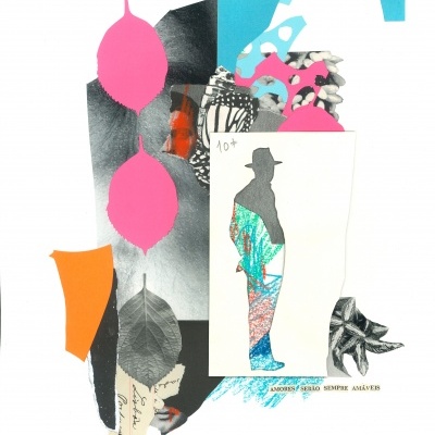 Colagem artística colorida com silhueta masculina e folhas em preto e branco