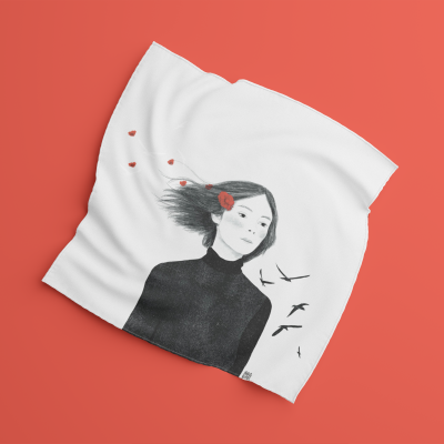 Lenço branco com ilustração de mulher com cabelo ao vento e pássaros