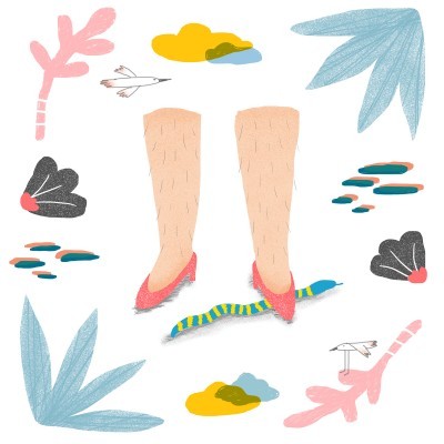 Ilustração de pernas com sapatos rosa e elementos decorativos ao redor