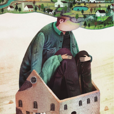 Ilustração de figuras humanas e casa com paisagem emergindo da cabeça