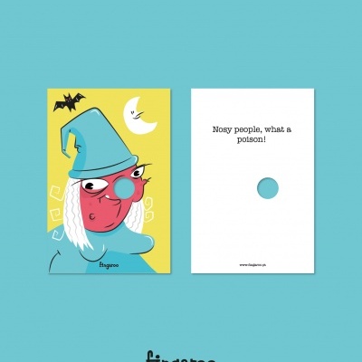 Duas cartas coloridas, uma com personagem caricatura e outra com texto em inglês e buraco central