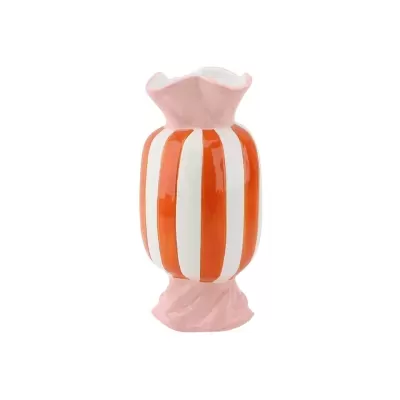 Vaso decorativo em cerâmica riscas laranja e branco com base rosa