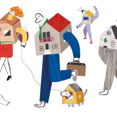 Ilustração de personagens com cabeças de casas coloridas em formas geométricas