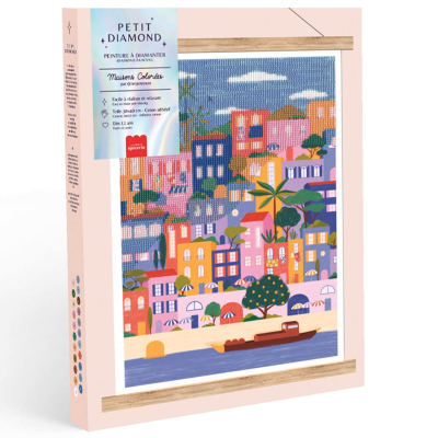 Conjunto de pintura com diamantes Petit Diamond com ilustração colorida de casas e paisagem ribeirinha