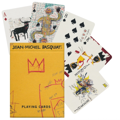 Baralho com caixa amarela e cartas ilustradas de Jean-Michel Basquiat