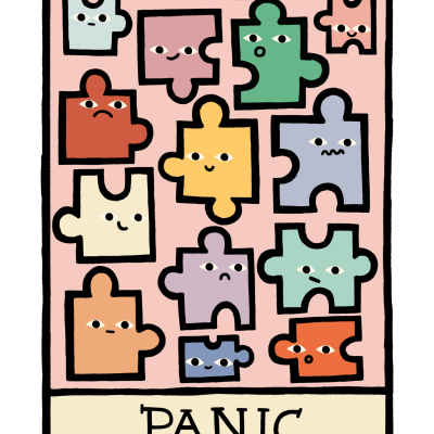 Peças de puzzle coloridas com olhos e expressões, fundo rosa, texto XVI e PANIC