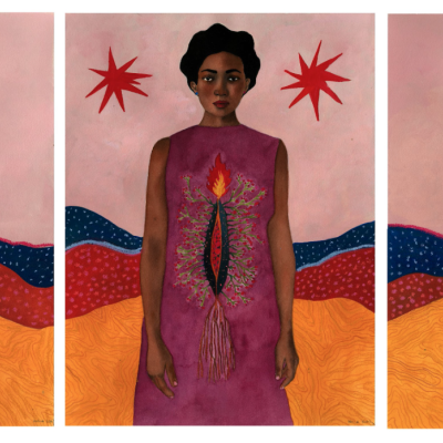 Tríptico com mulher de vestido roxo e padrões coloridos em fundo ondulado amarelo, vermelho e azul