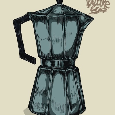 Ilustração de uma cafeteira italiana cinzenta com alça preta e texto 'awake' no fundo bege