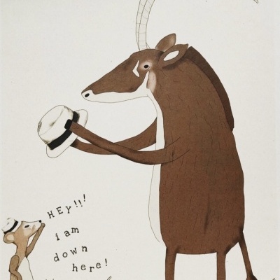 Ilustração de duas cabras antropomórficas com chapéus e texto em inglês num fundo branco