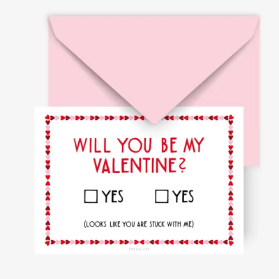 Cartão de dia dos namorados com envelope rosa e texto em vermelho e preto