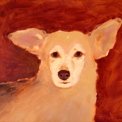 Pintura a óleo de cão bege com grandes orelhas em fundo castanho avermelhado