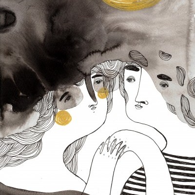 Ilustração artística com três figuras humanas, linhas finas, cores preta, branca e dourado.