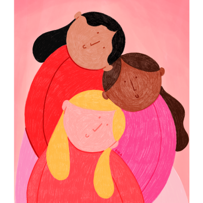 Ilustração colorida de três mulheres com texto 'WHO RUN THE WORLD ?'